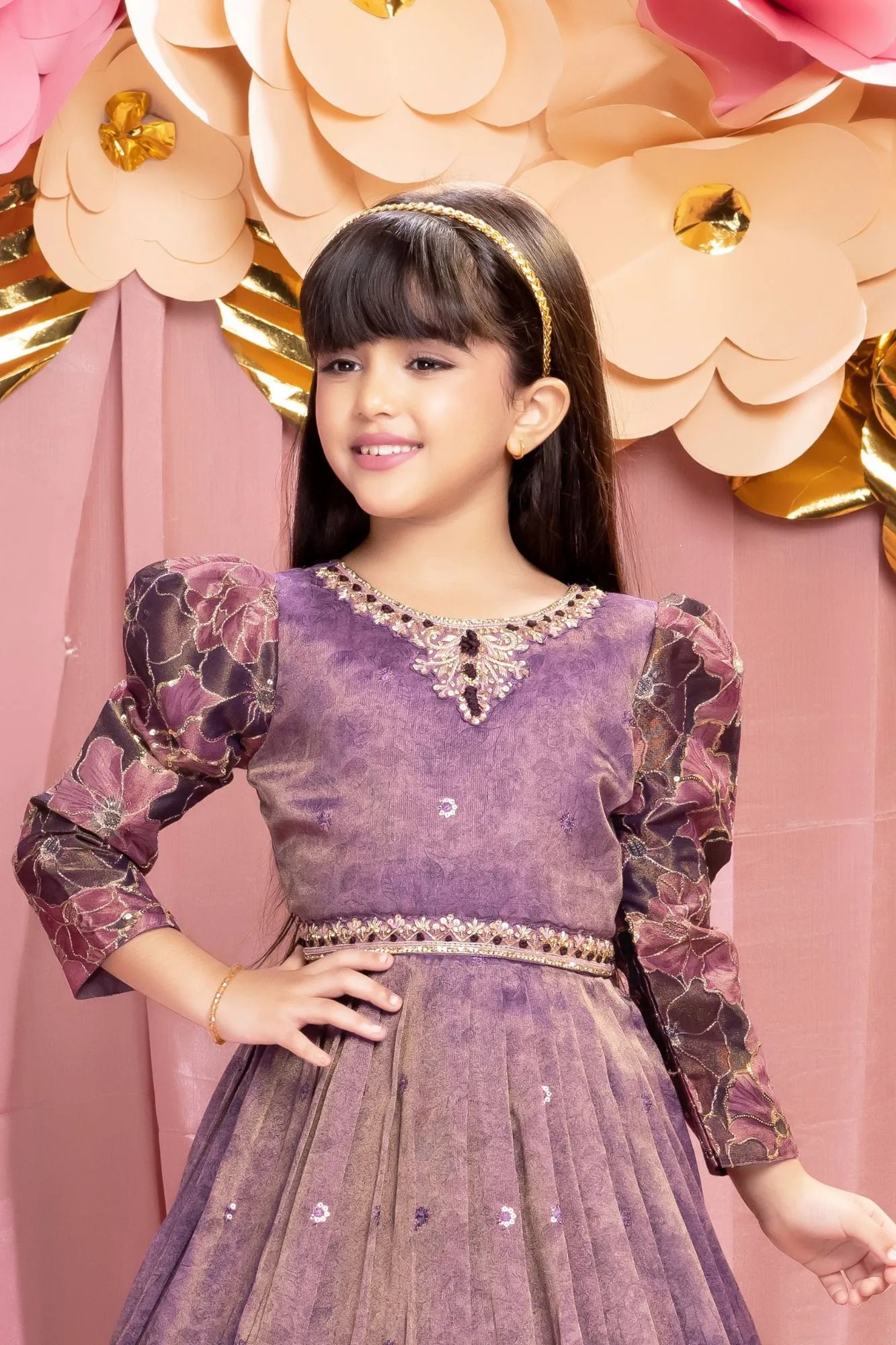 Purple Floral Embroidered Gown with Puff Sleeves For Girls