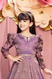 Purple Floral Embroidered Gown with Puff Sleeves For Girls