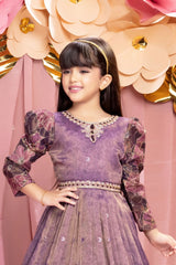 Purple Floral Embroidered Gown with Puff Sleeves For Girls