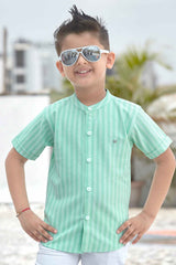 Green Striped Shirt With White Shorts Set For Boys