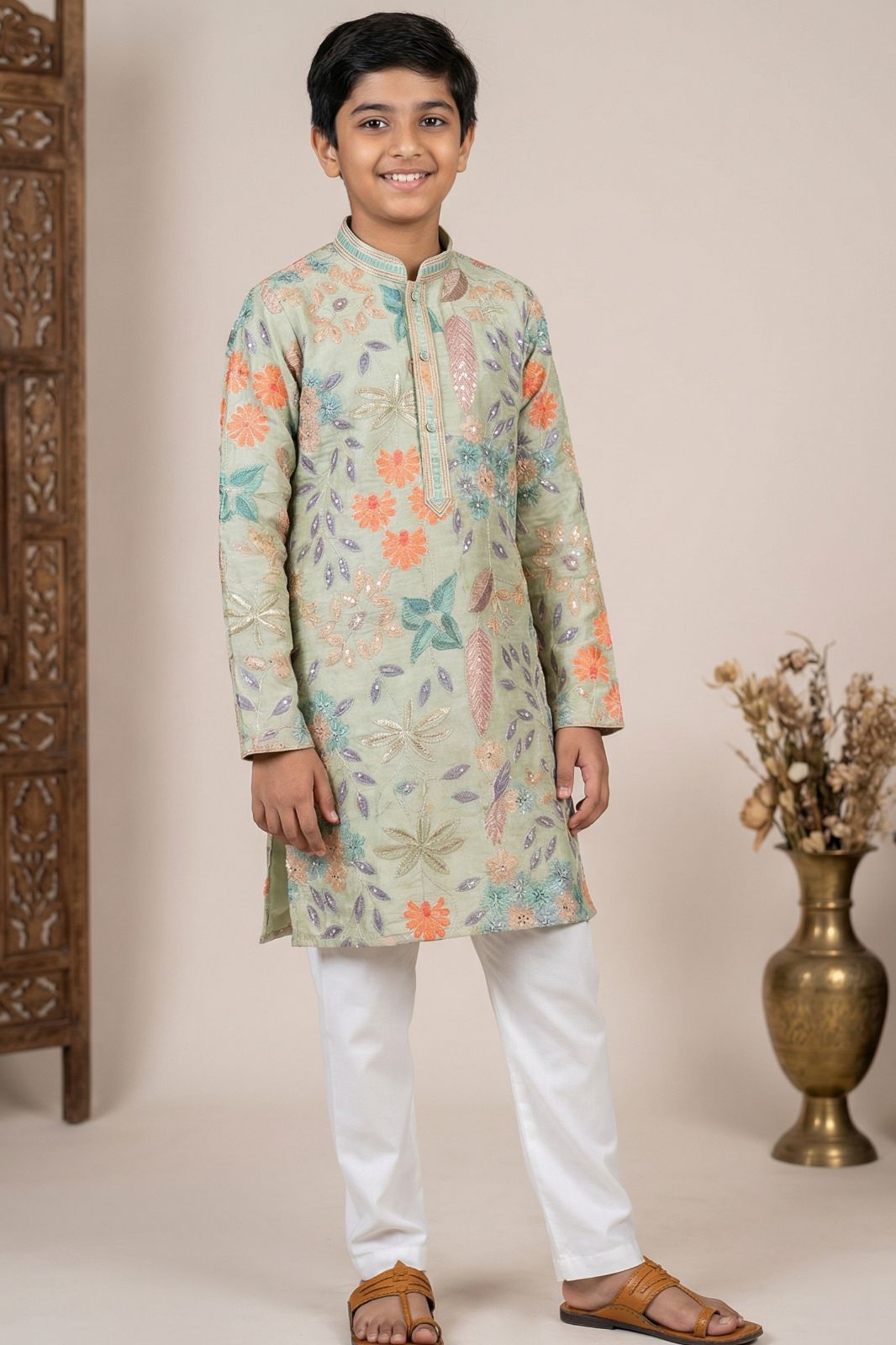 Boys Green Floral Embroidered Kurta Set with Cream Pyjama