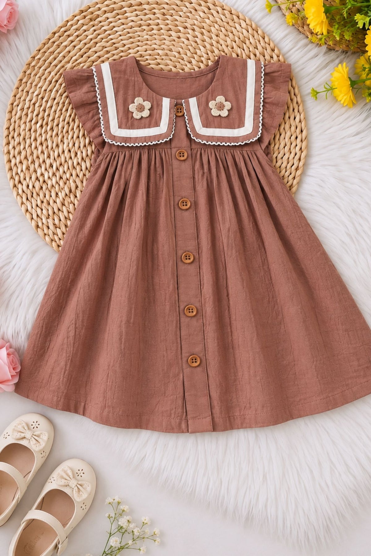 Girls Brown Crochet Flower Sailor Collar Dress