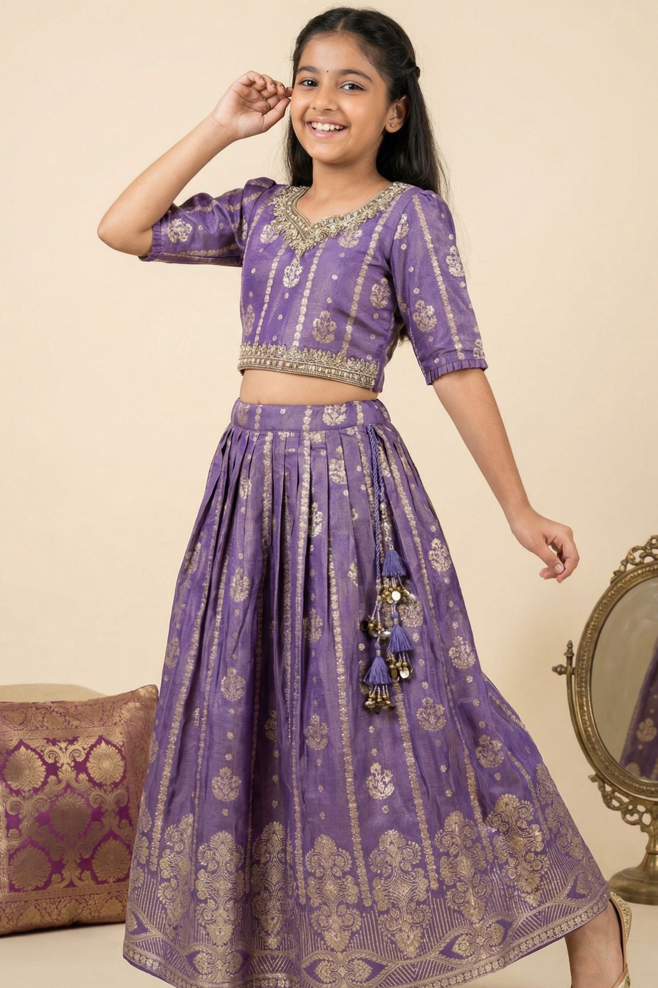 Royal Purple Zari Woven Lehenga Choli Set For Girls