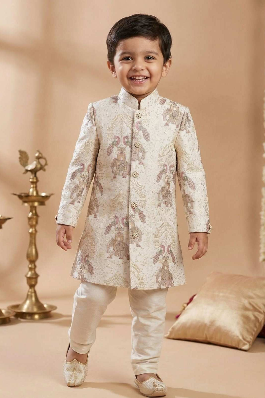 Ivory Heritage Embroidered Sherwani Set For Boys