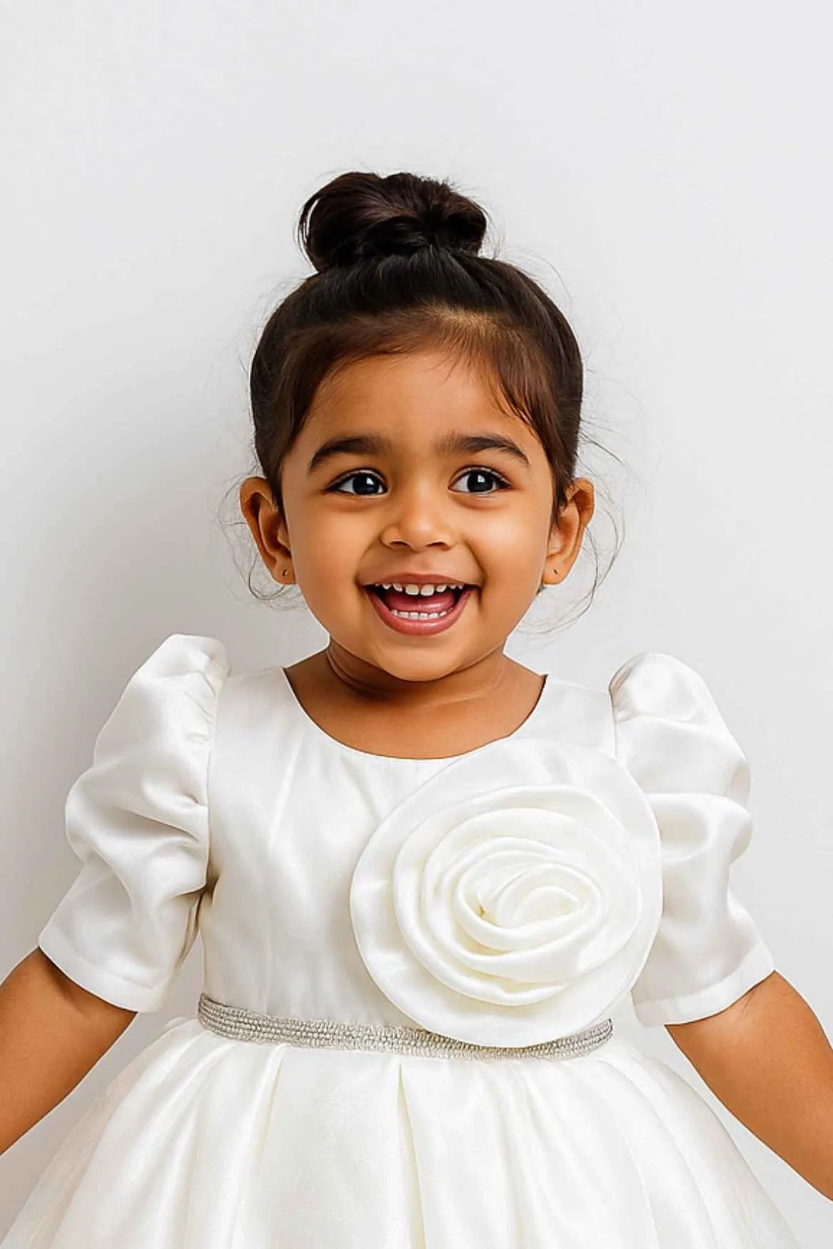 White Puff-Sleeve Party Dress With Rosette  For Girls