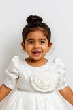 White Puff-Sleeve Party Dress With Rosette  For Girls