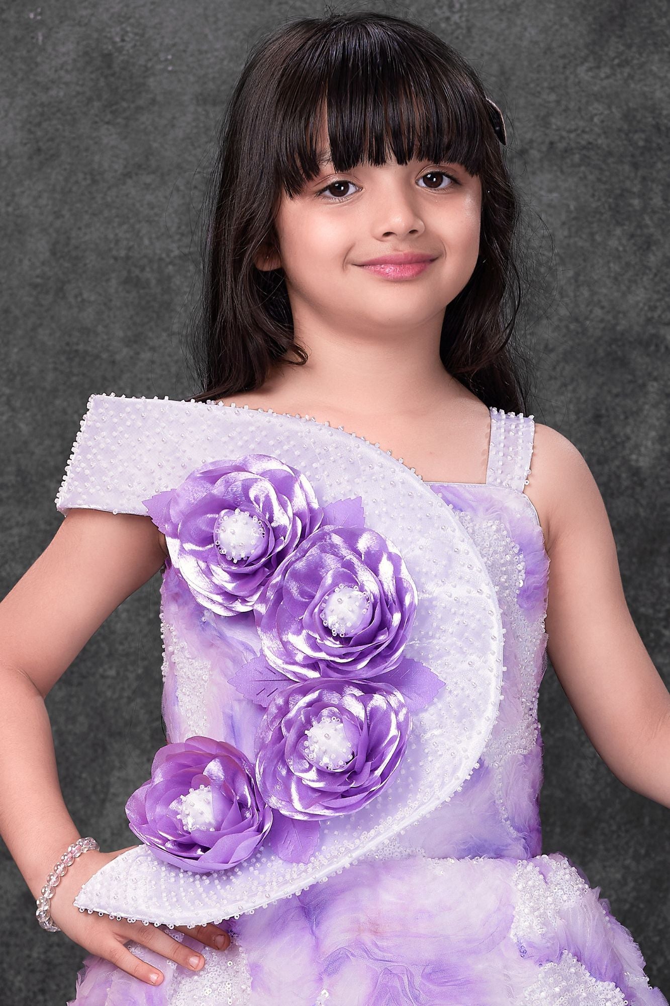 Lavender Floral Appliqué Party Wear Gown For Girls