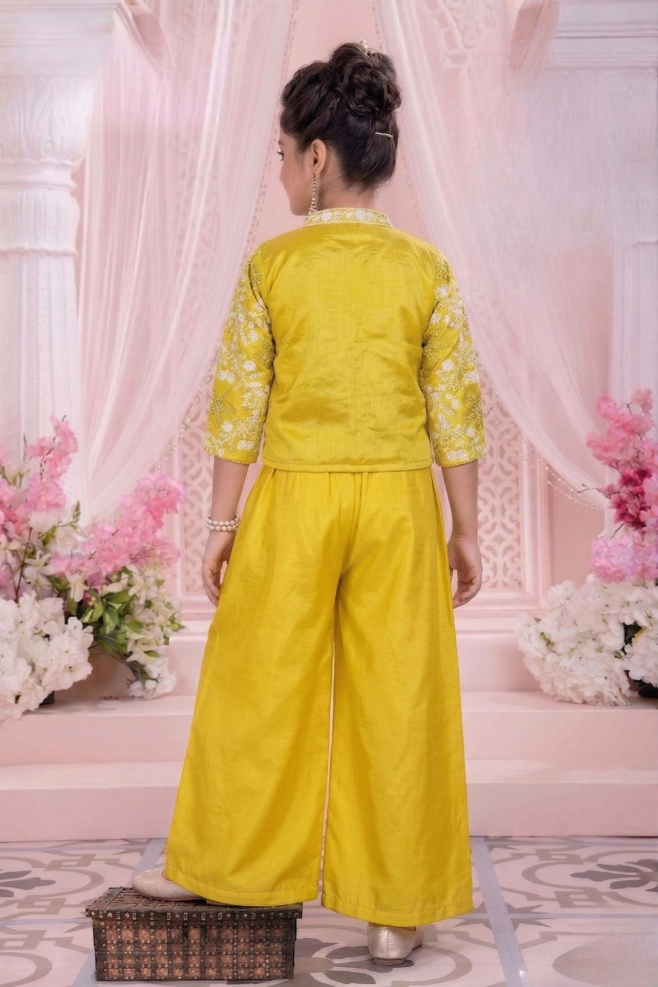 Sunshine Yellow Embroidered Jacket Palazzo Set For Girls