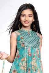 Teal Blue Bloom Sleeveless Floral Dress for Girls
