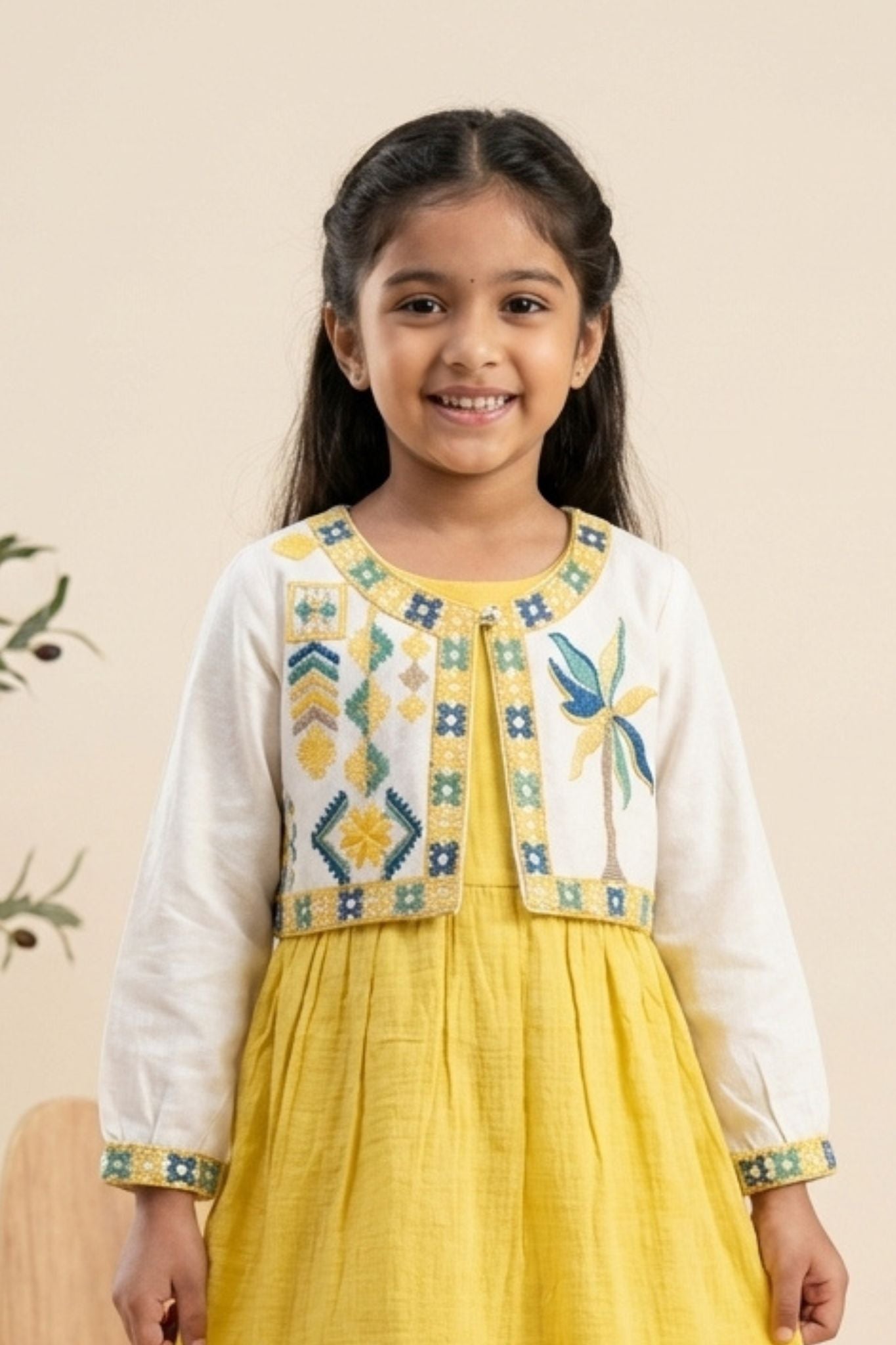 Mustard Yellow & Ivory Embroidered Dress With Cropped Jacket For Girls