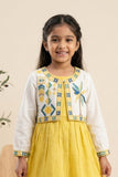 Mustard Yellow & Ivory Embroidered Dress With Cropped Jacket For Girls