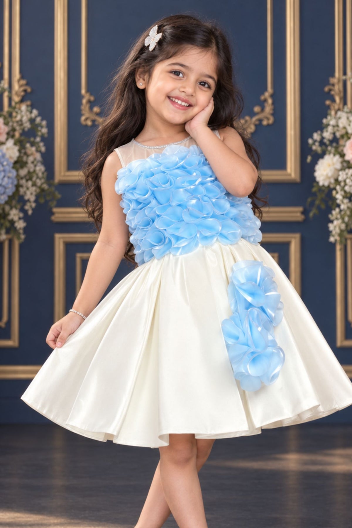 Stylish Blue And Cream Ruffled Frock For Girl