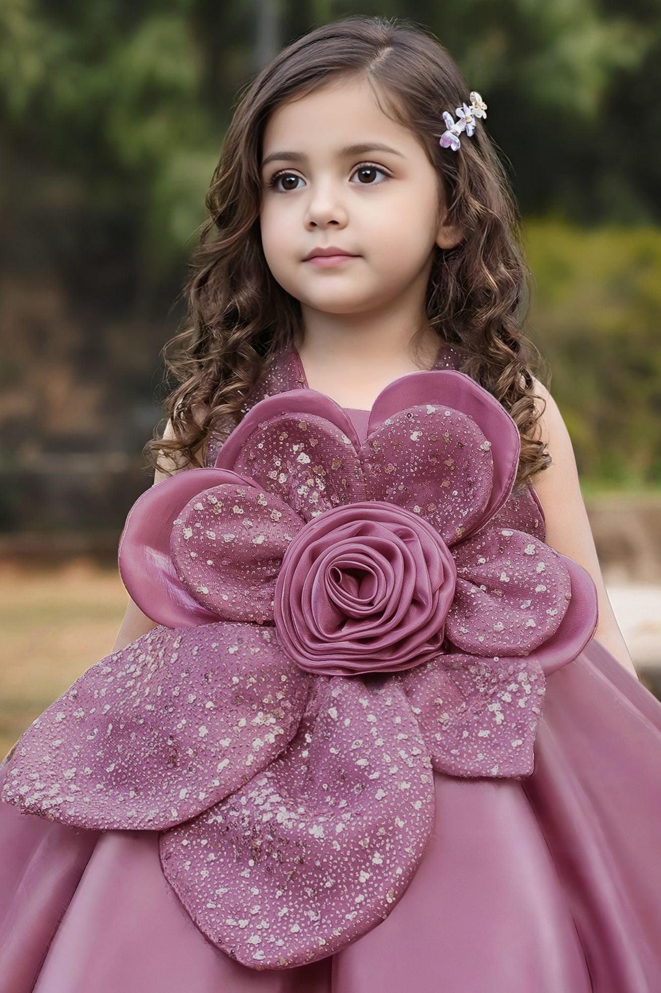Girls Mauve Pink 3D Floral Party Dress