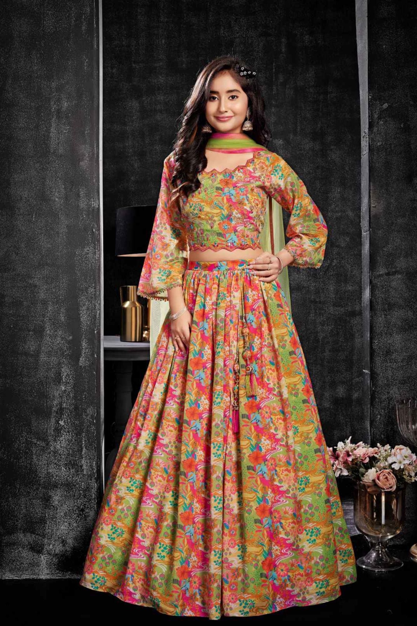 Green Floral Printed Lehenga Choli Set with Dupatta
