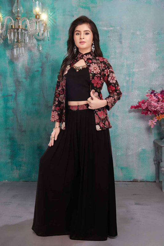 Black Floral Embroidered And Stone Work Ethnic Palazzo Set With Over Coat For Girls