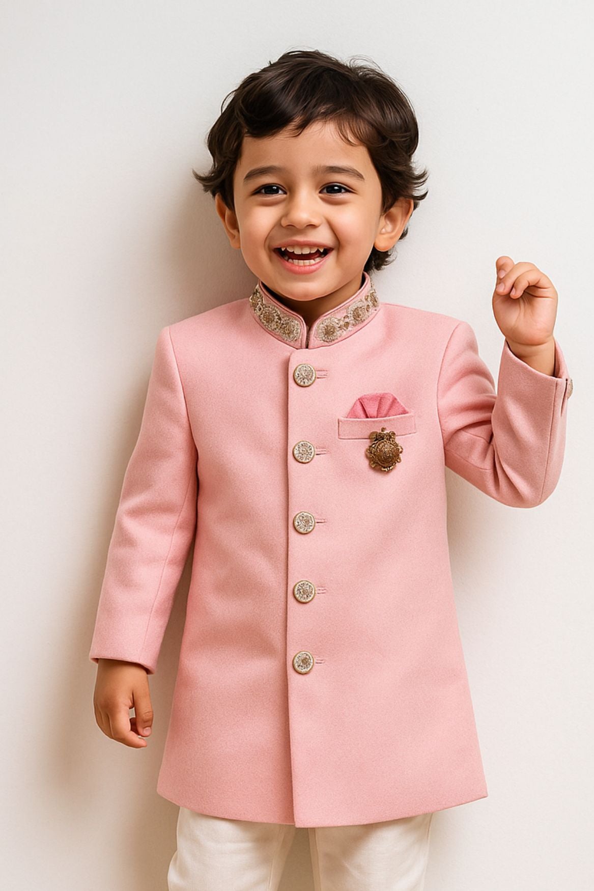 Elegant Pink Embroidered Sherwani Set For Boys