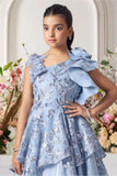Blue Layered Gown with Ruffled Shoulder and Sequin Embroidery For Girls