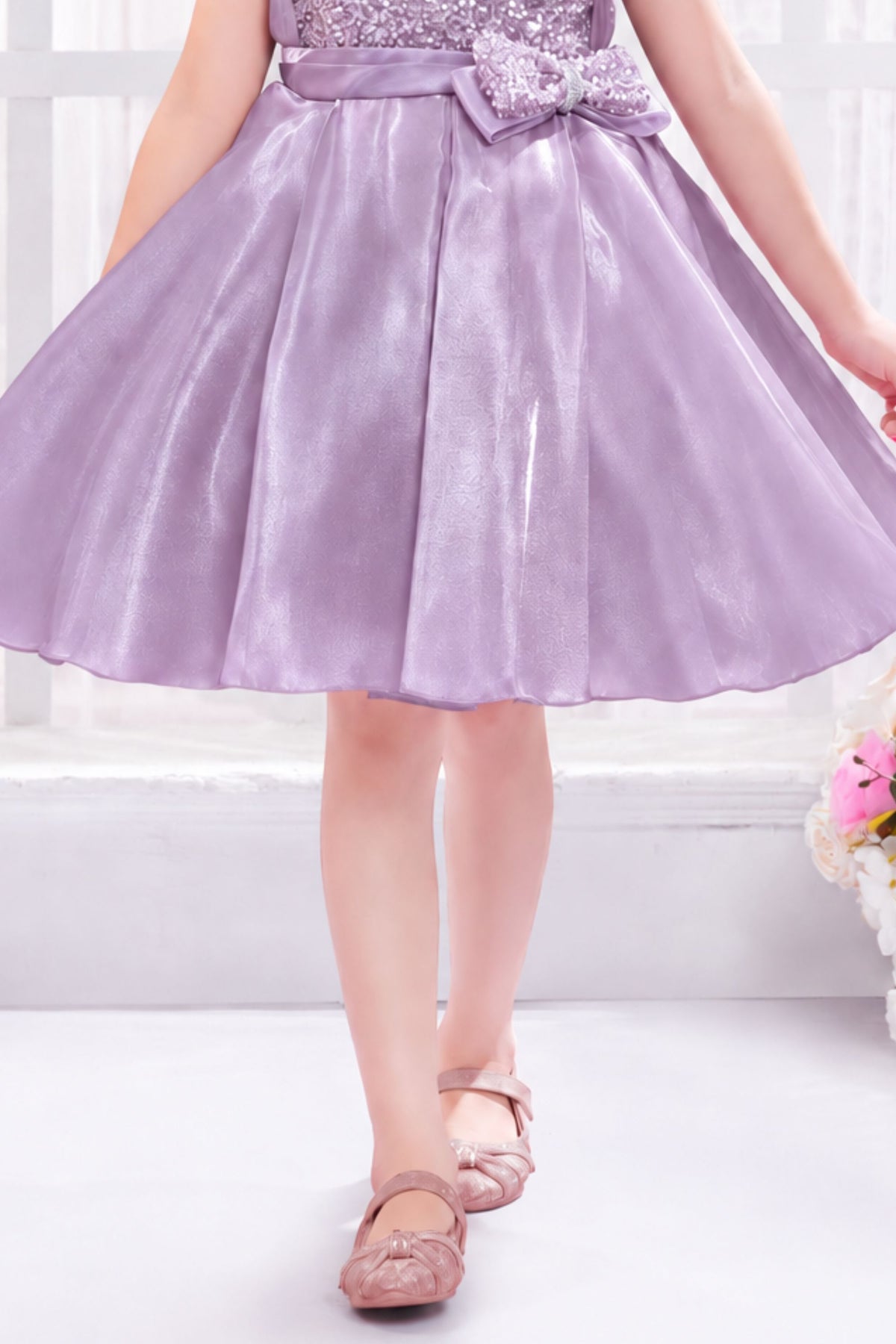 Lavender Party Wear Frock With Sequined Statement Bow