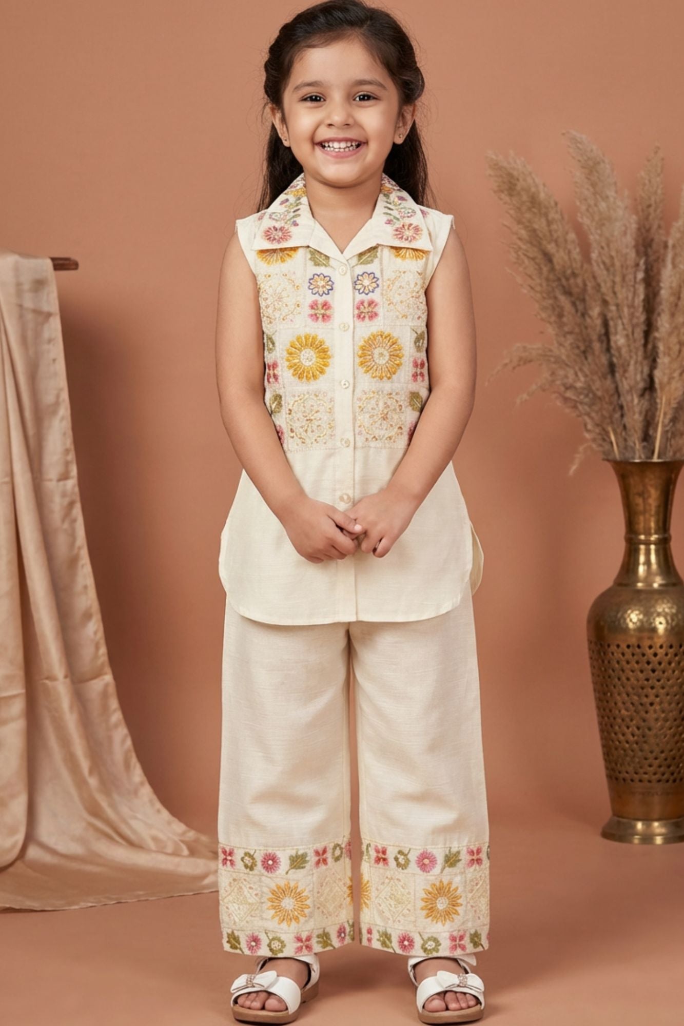 Beige Embroidered Palazzo Set For Girls