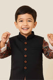 Multicolor Printed Kurta Pyjama Set with Black Nehru Jacket for Boys