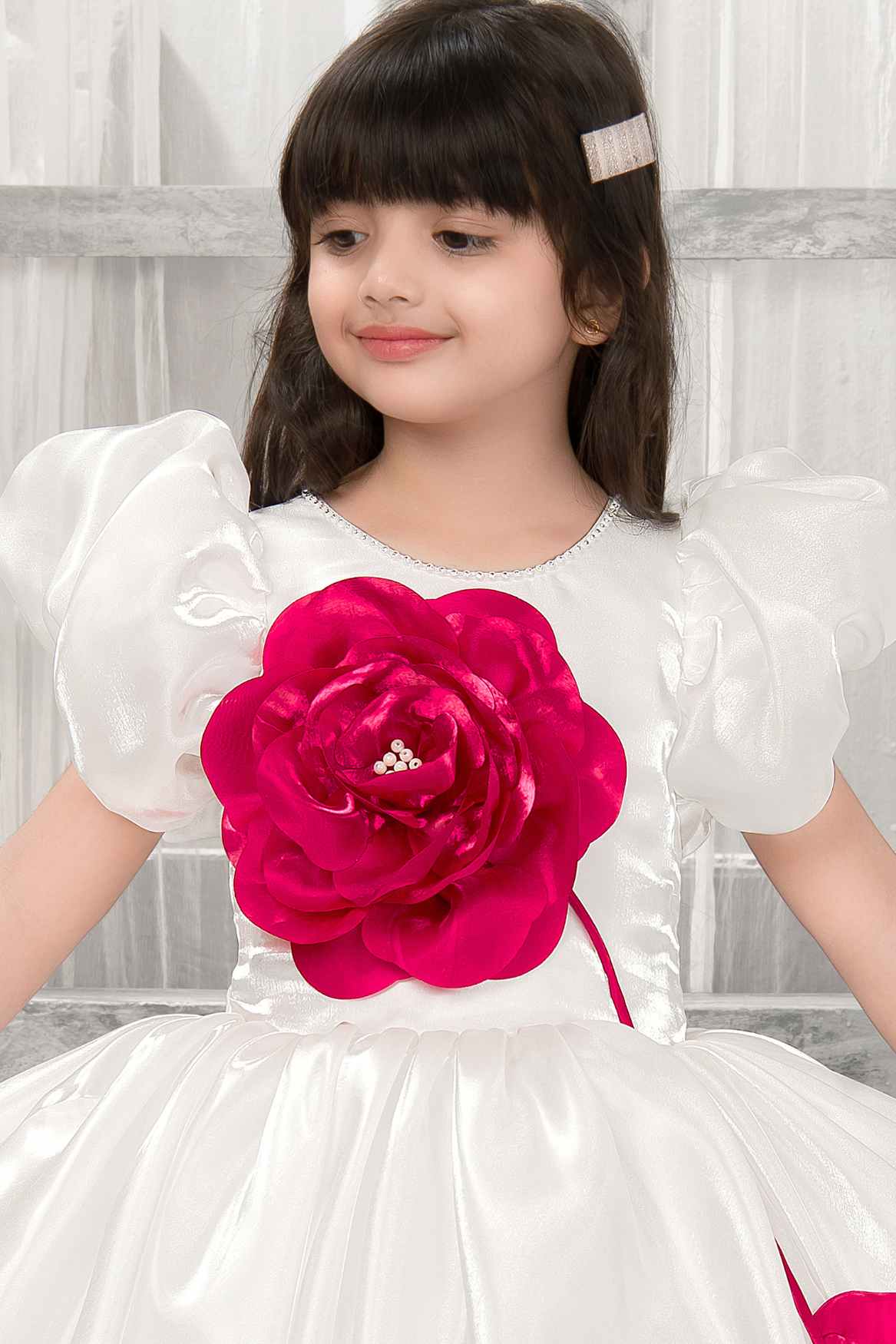 White Satin Puff Sleeve Dress With 3D Red Flower For Girls