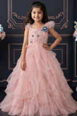 Girls Blush Pink Floral Embellished Layered Party Wear Gown