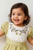 Olive Green Embroidered Cotton Frock With Puff Sleeves For Girls