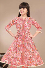 Peach Floral Printed And Sequins Work Kurta With Pant Set For Girls