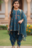 Girls Teal Blue Printed Kurti with Dhoti Pants Set