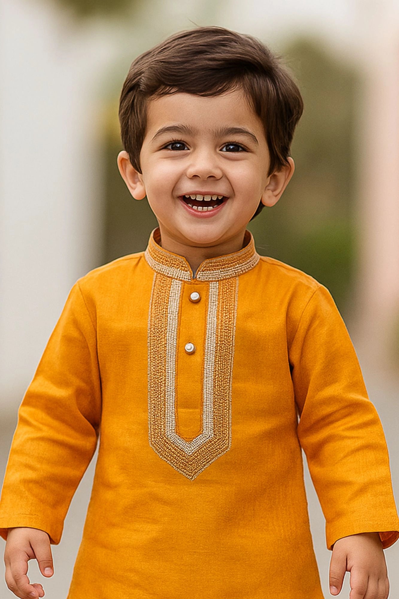 Classic Mustard Yellow Embroidered Kurta with Cream Pajama Set For Boys