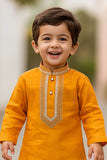 Classic Mustard Yellow Embroidered Kurta with Cream Pajama Set For Boys