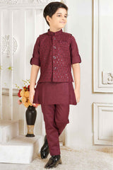 Maroon Full Sleeves Kurta With Sequin Embroidered Waist Coat Set For Boys