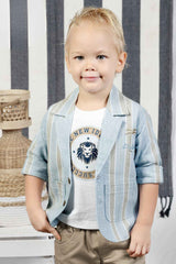 White Printed T-shirt And Beige Pant With Sky Blue Overcoat For Boys