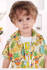 Yellow Printed Shirt And Short With White T-shirt Set For Boys