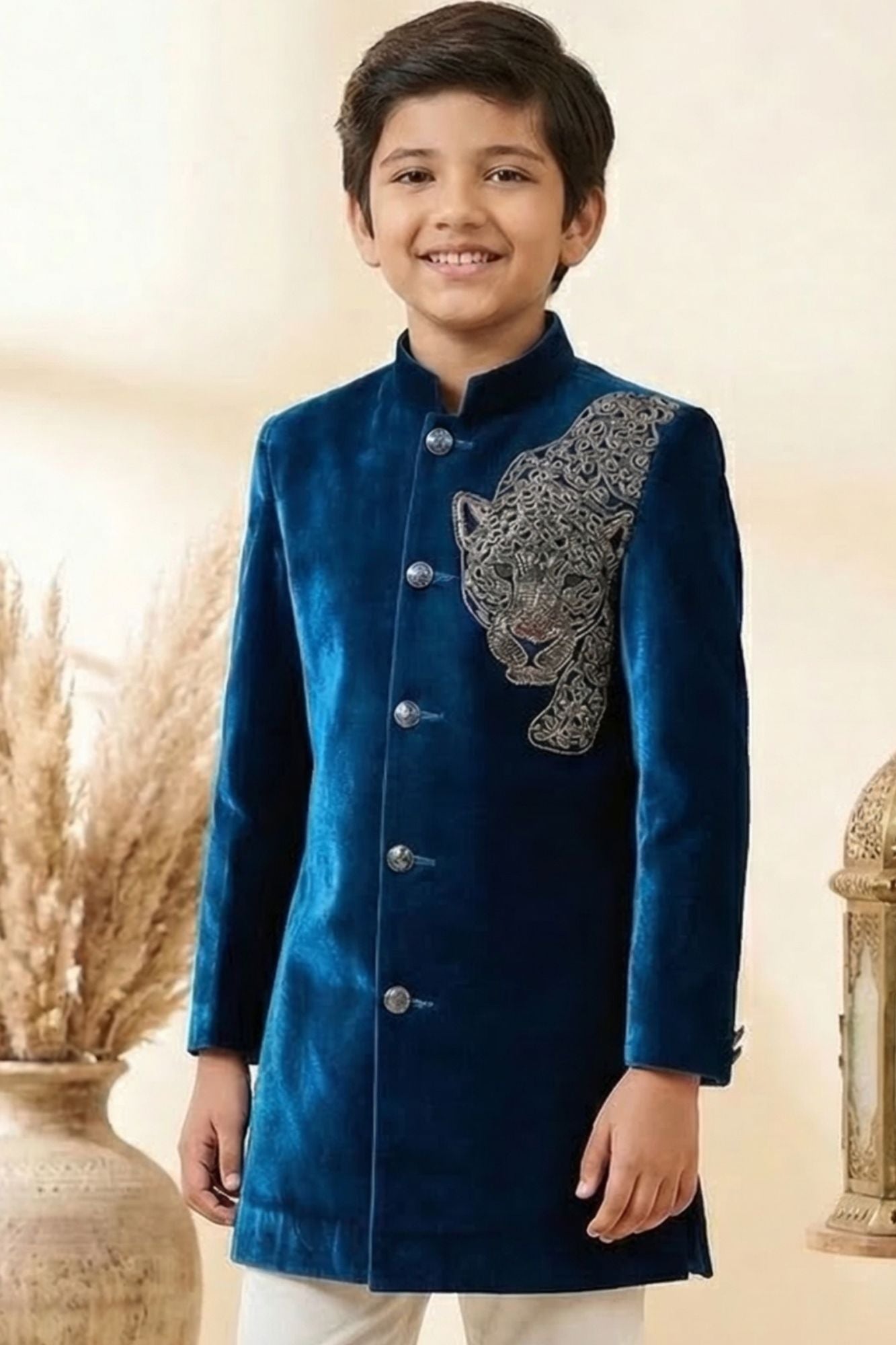 Teal Blue Sherwani Set with Tiger Embroidered Motif For Boys