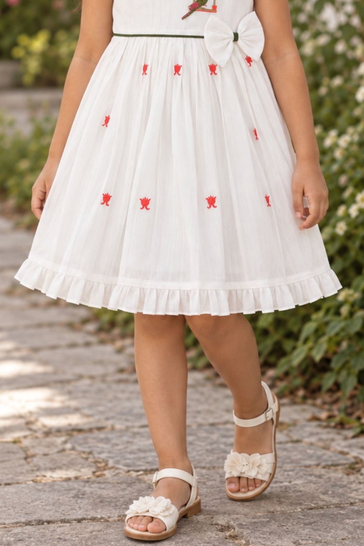 Girls White Bird Motif Embroidered Ruffle Sleeve Flared Dress