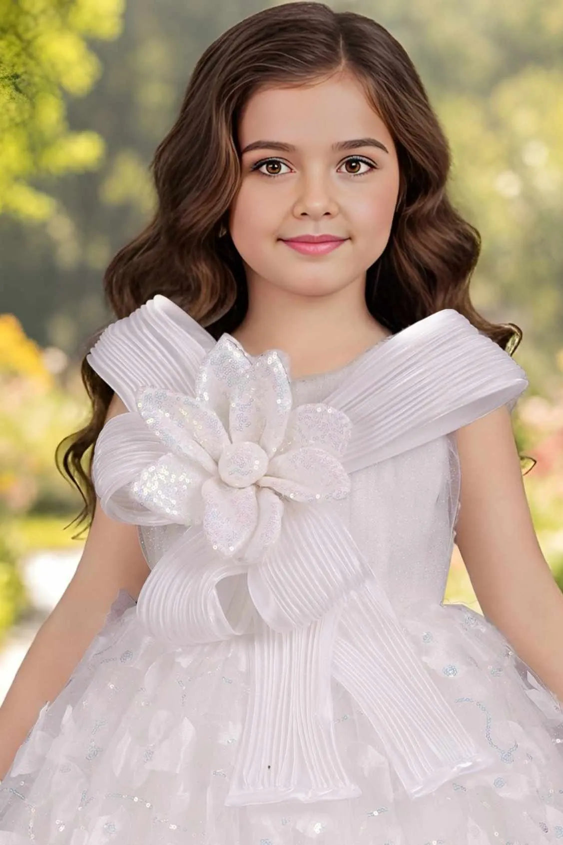White Floral Appliqué Princess Gown For Girls
