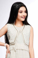 Stylish Cream Casual Wear Frock With Sequins Embroidered Overcoat For Girls