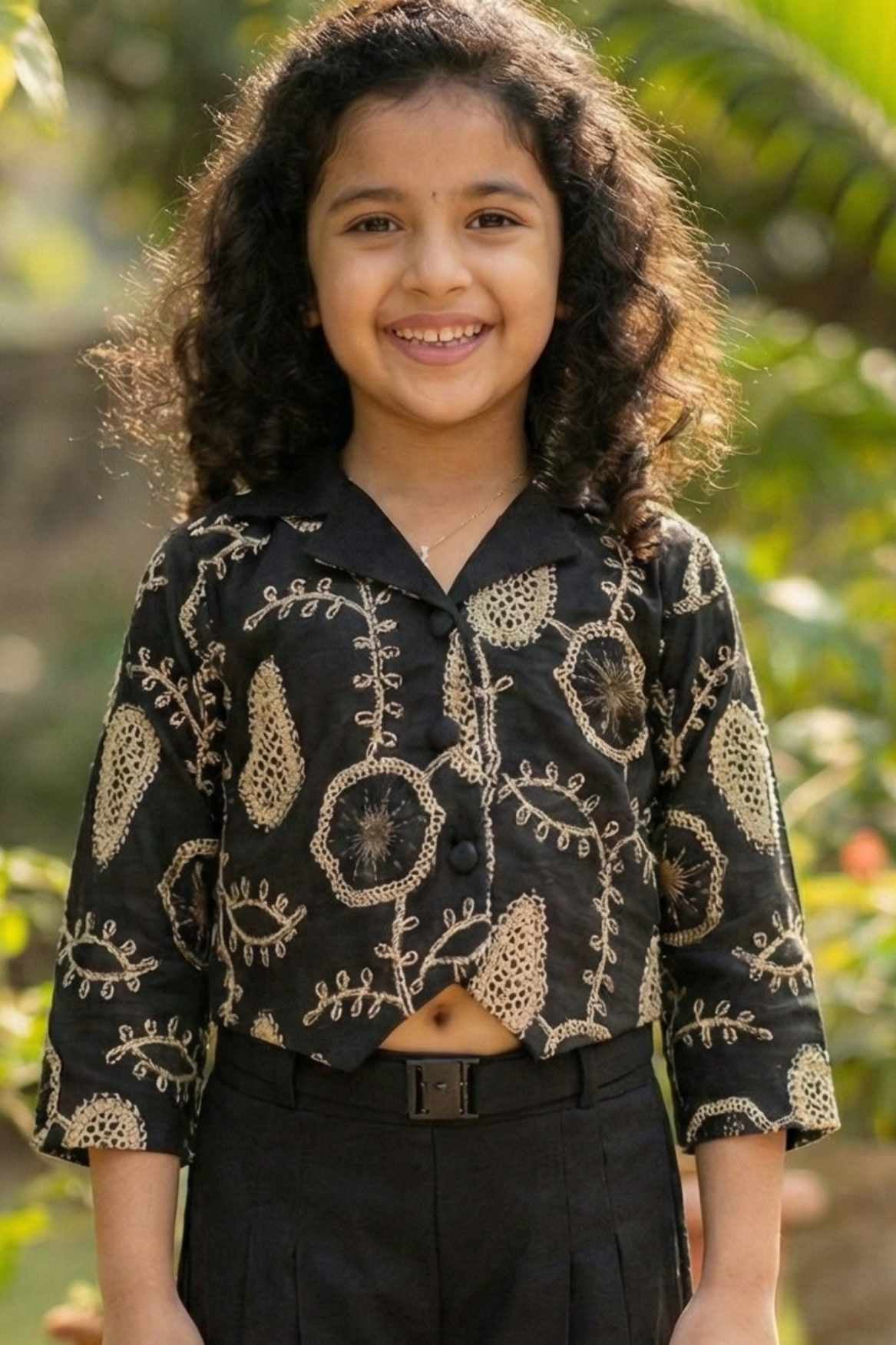 Black Embroidered Top & Wide-Leg Pant Co-ord Set For Girls
