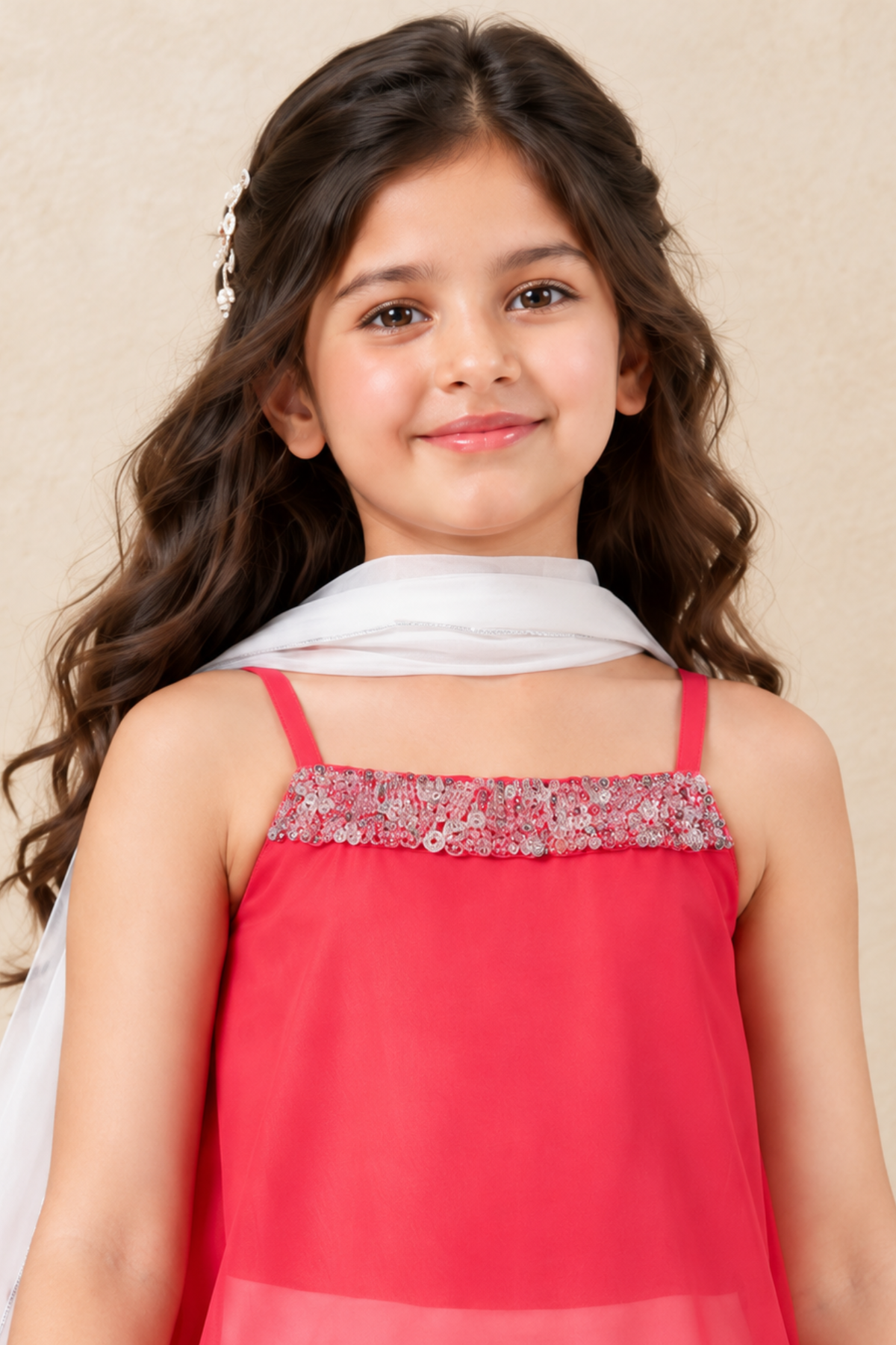 Pink Embellished High-Low Top with Ivory Palazzo Set for Girls