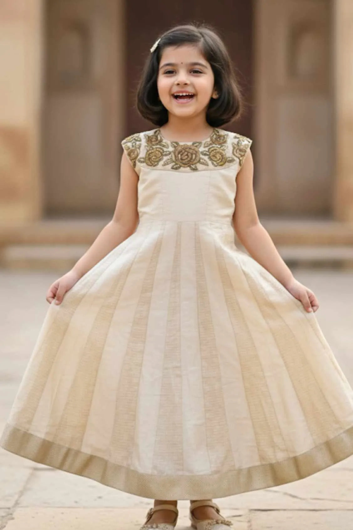Fawn Embroidered Ethnic Gown For Girls