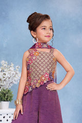Girls Purple Multicolor Floral  Embroidered Asymmetric Palazzo Set With Dupatta