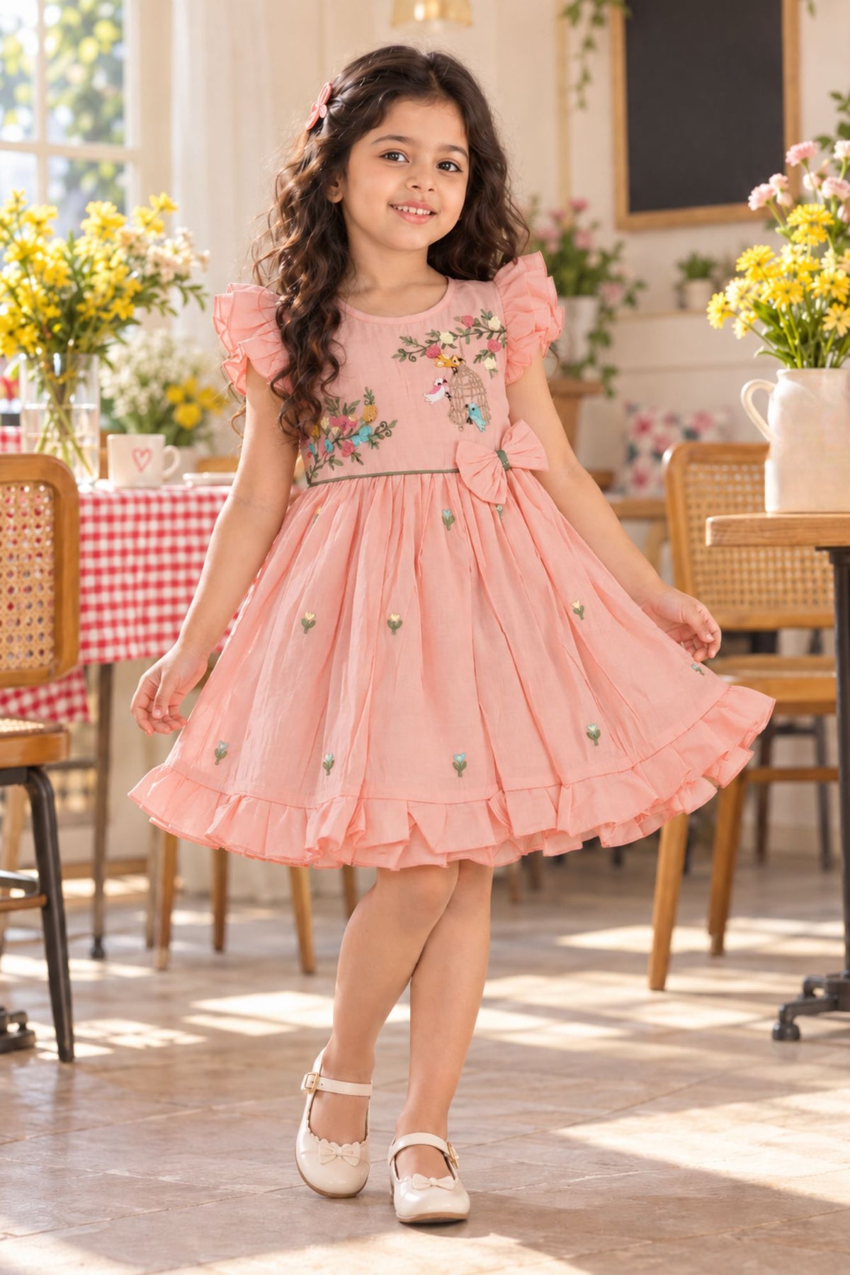 Girls Peach Floral Embroidered Flared Dress