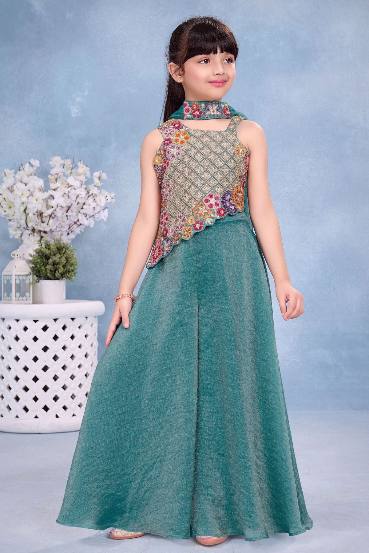 Girls Teal Blue Multicolor Floral  Embroidered Asymmetric Palazzo Set With Dupatta
