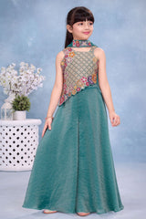 Girls Teal Blue Multicolor Floral  Embroidered Asymmetric Palazzo Set With Dupatta