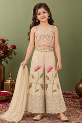 Girls Cream Floral Embroidered Palazzo Set With Dupatta