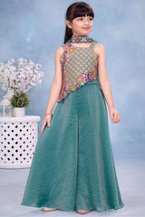 Girls Teal Blue Multicolor Floral  Embroidered Asymmetric Palazzo Set With Dupatta