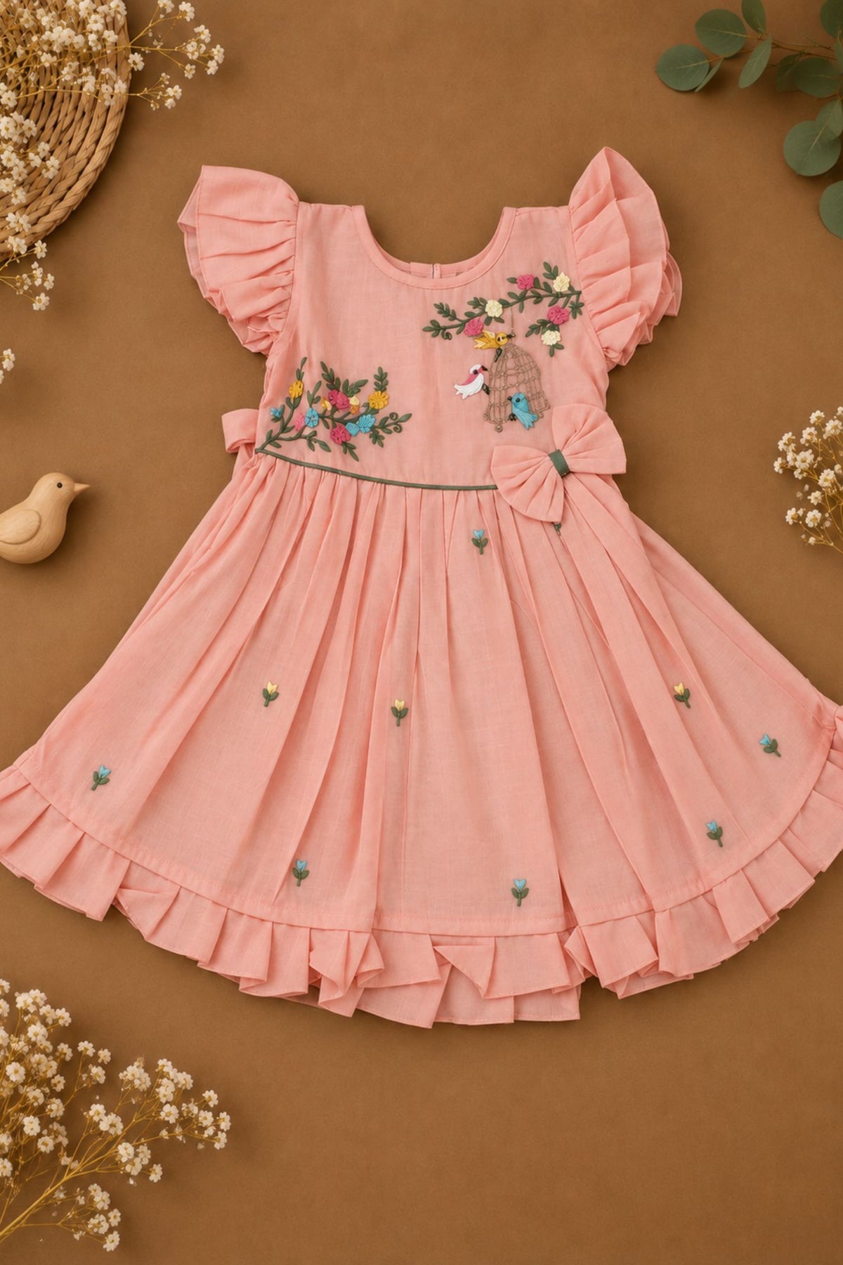 Girls Peach Floral Embroidered Flared Dress