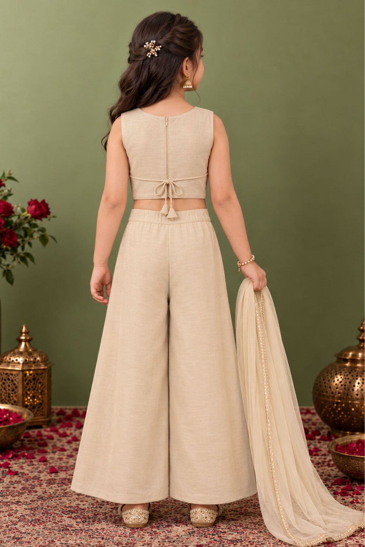 Girls Cream Floral Embroidered Palazzo Set With Dupatta