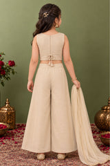Girls Cream Floral Embroidered Palazzo Set With Dupatta